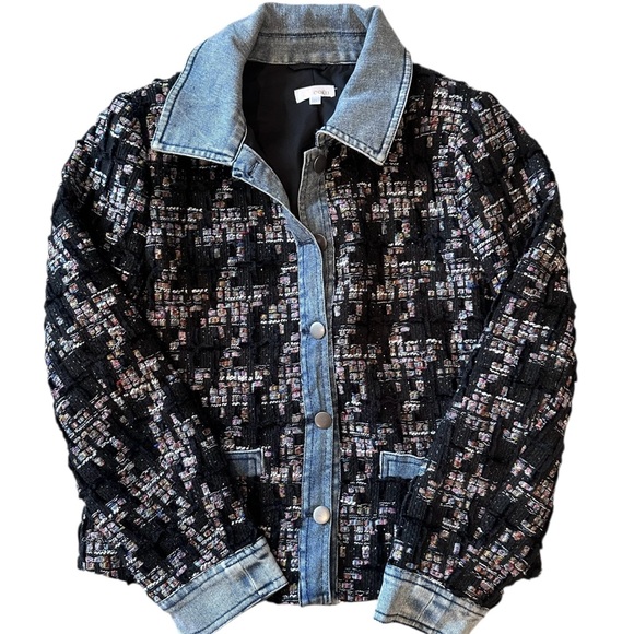 Ecru Black Mixed Media Tweed Houndstooth Denim Blazer Jacket Petite Small PS - Picture 2 of 13